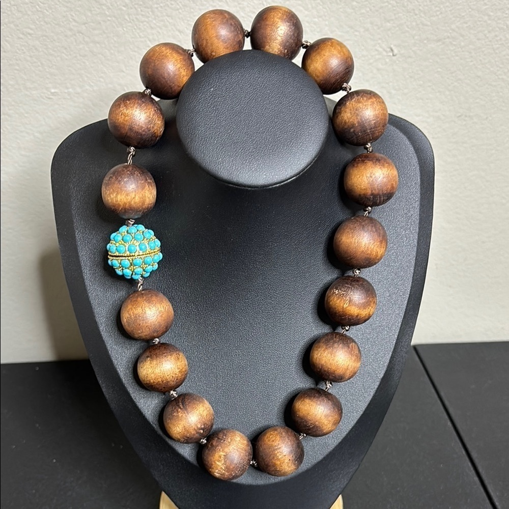 Wooden Bead Necklace with Magnetic 'Turquoise' Ball Closure Statement Chunky​​
